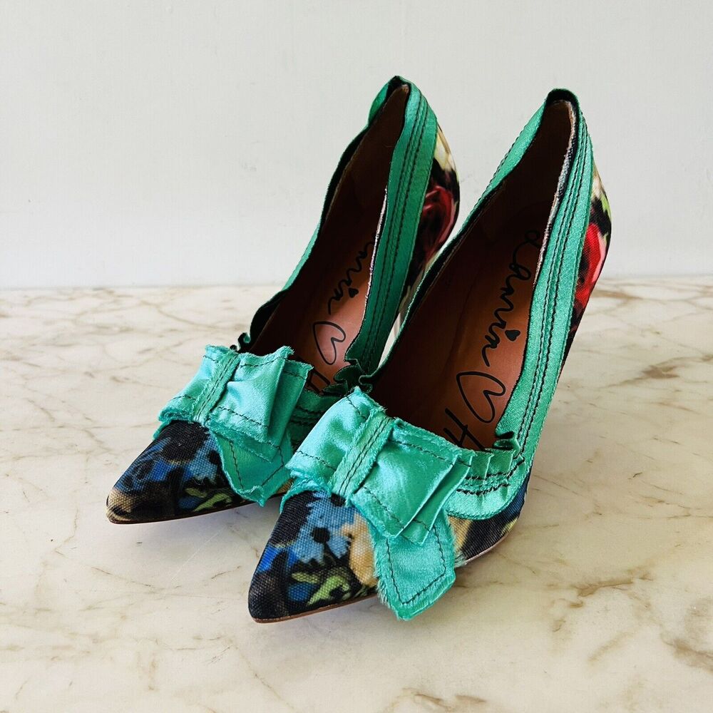 2010 LANVIN x H&M Green Floral Print Bow Mirrored Heels Pumps - EUR 38 / US 7